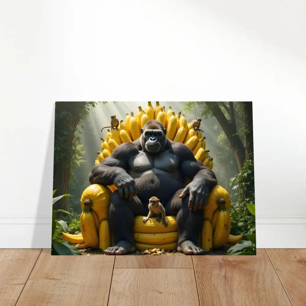 Aluminum print of King Kong sitting on a Banana Throne, showcasing Primate Royalty