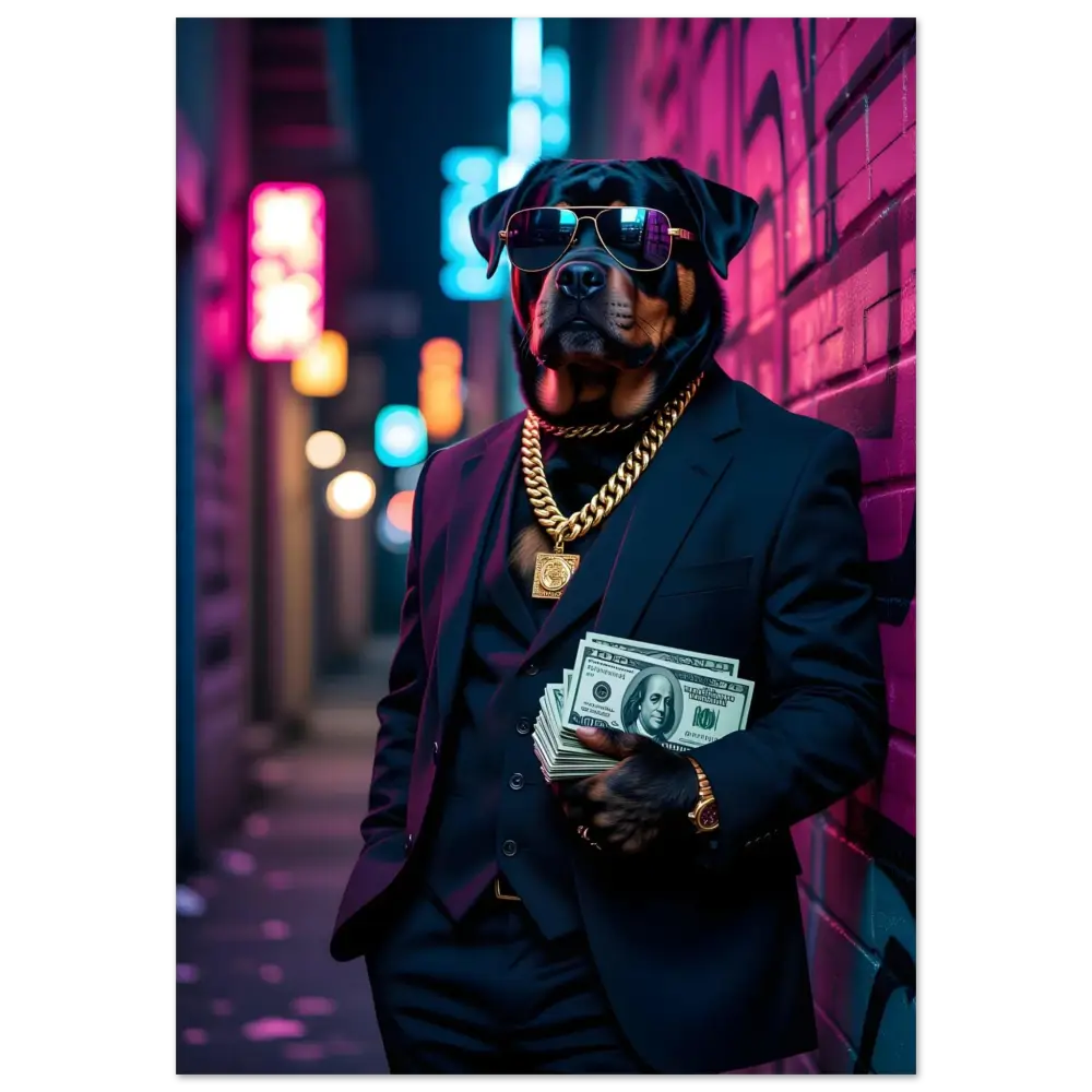 Rottweiler in suit with money on Aluminum Print Kingpin K9 PixiOnyx Urban Alloy