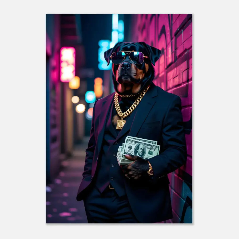 Rottweiler in a suit with money aluminum print Kingpin K9 PixiOnyx Urban Alloy