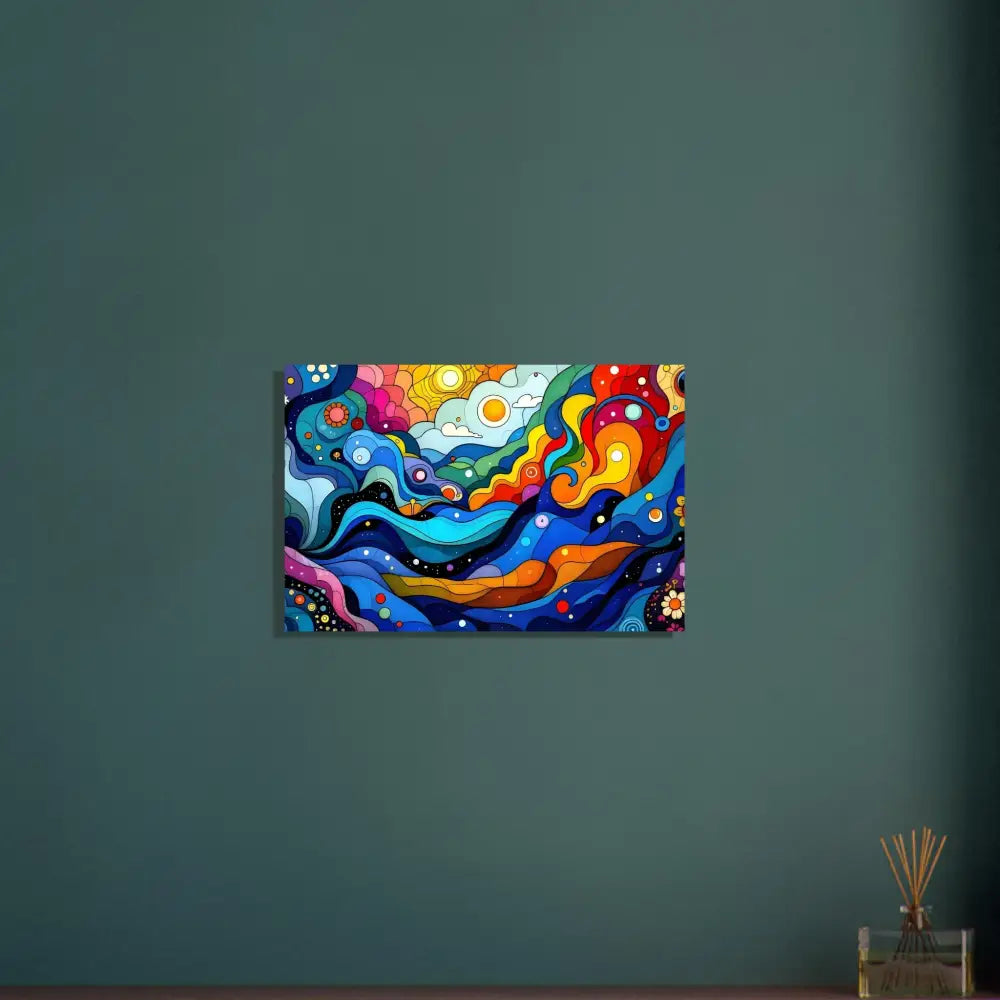 Colorful abstract wall art displayed on Aluminum Print Layered Spectrum Psychedelic Art