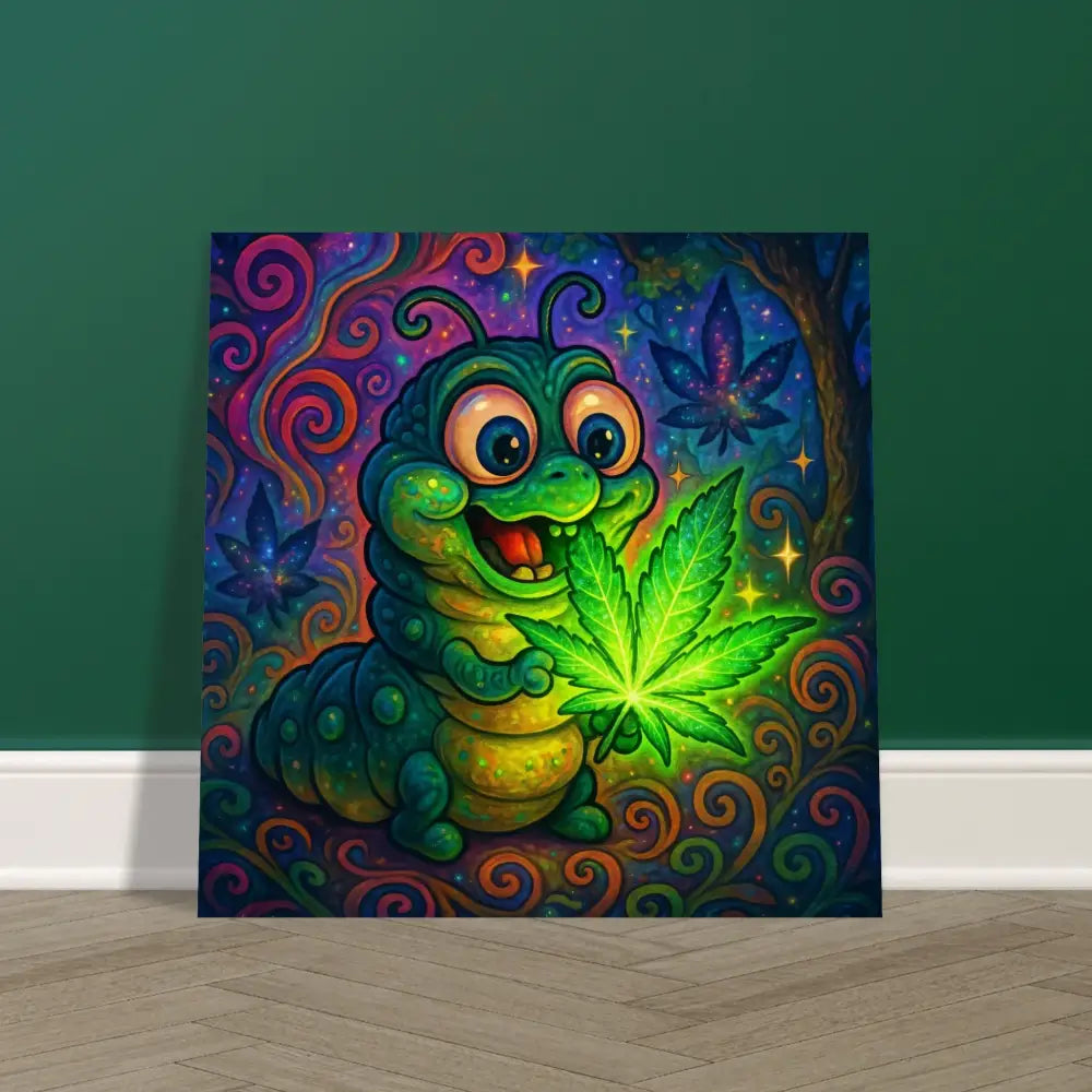 Cartoon caterpillar holding glowing marijuana leaf on psychedelic metal aluminum print