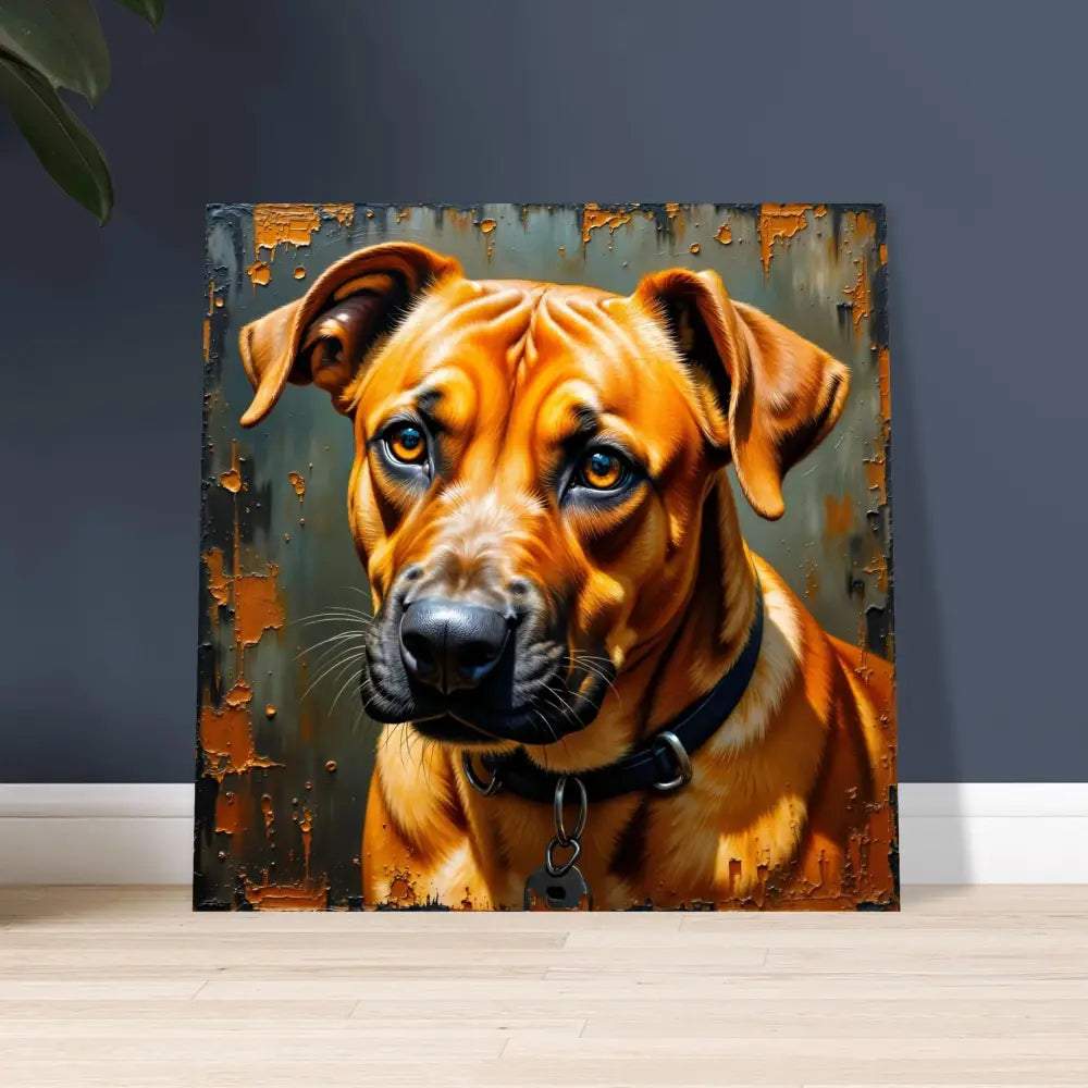 Vibrant tan dog portrait in distressed style, metallic print captures strength meets sentiment