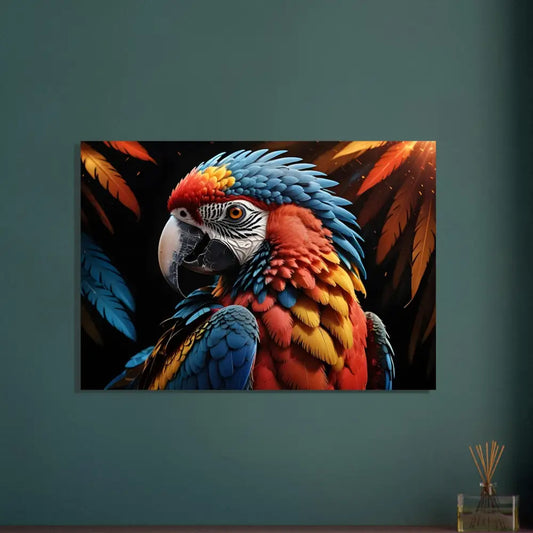 Colorful parrot artwork on aluminum print titled Macaw Ascendant by PixiOnyx Nature Alloy Elegance