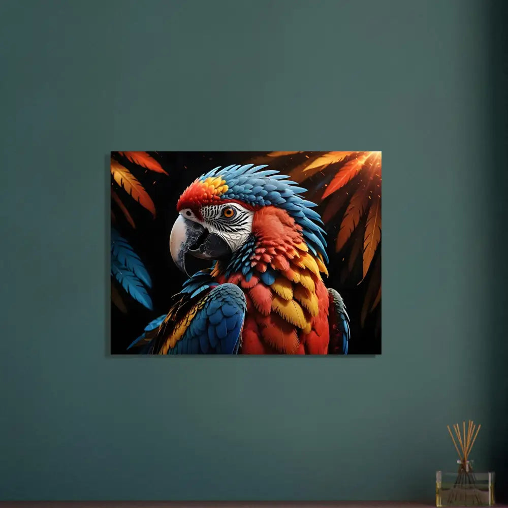 Colorful parrot art print on aluminum titled Macaw Ascendant by PixiOnyx Nature Alloy Elegance