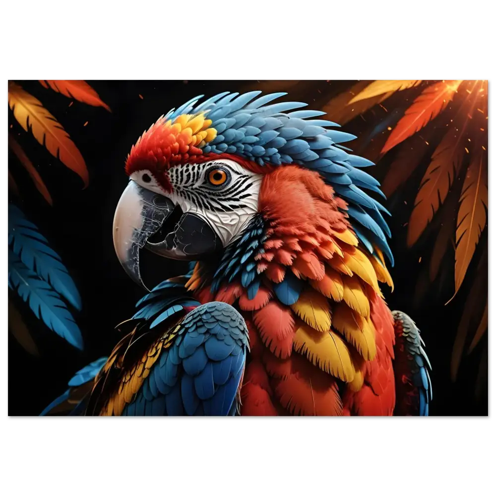 Colorful Macaw Parrot depicted on Aluminum Print called Macaw Ascendant by PixiOnyx Nature