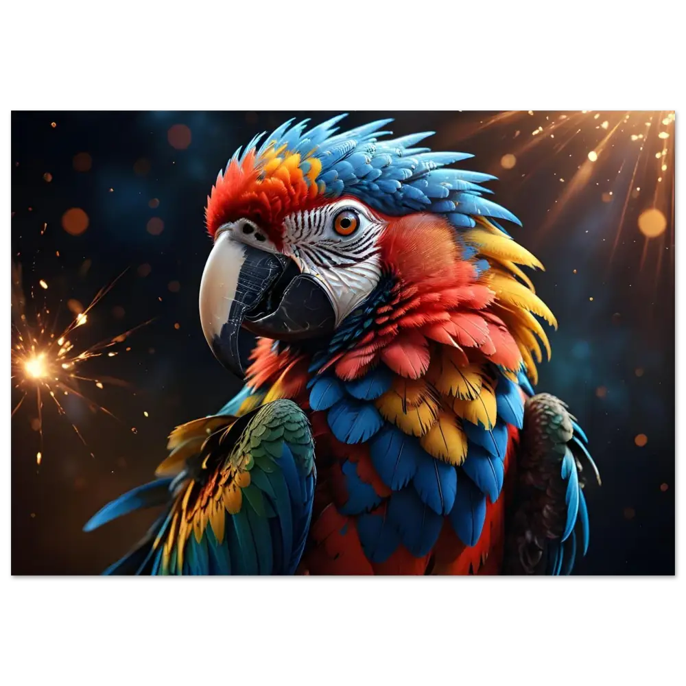 Colorful Macaw Parrot Aluminum Print displayed in PixiOnyx Metallic Nature Jungle Illusion