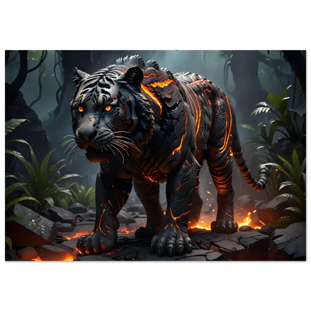 Lava-infused black tiger aluminum print titled Molten Majesty by PixiOnyx Metallic Guardian