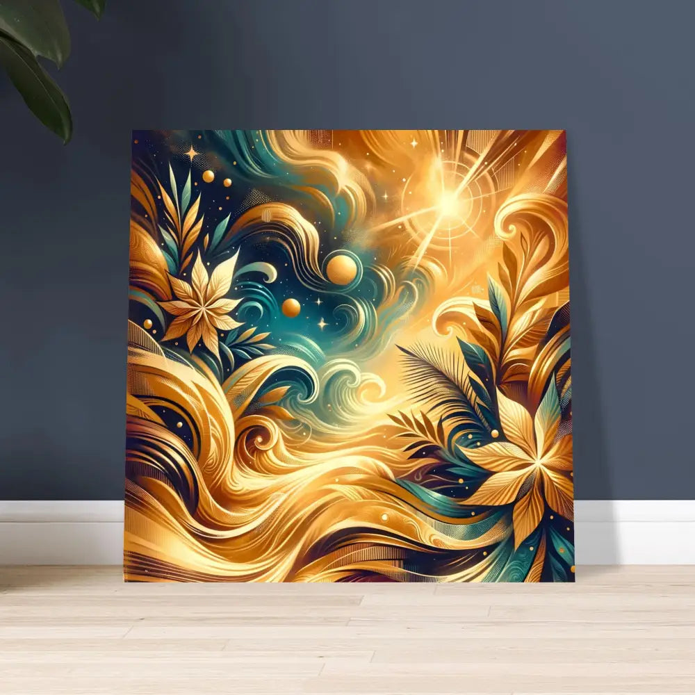 Golden abstract floral artwork aluminum print titled Nebula Bloom Cascade by PixiOnyx
