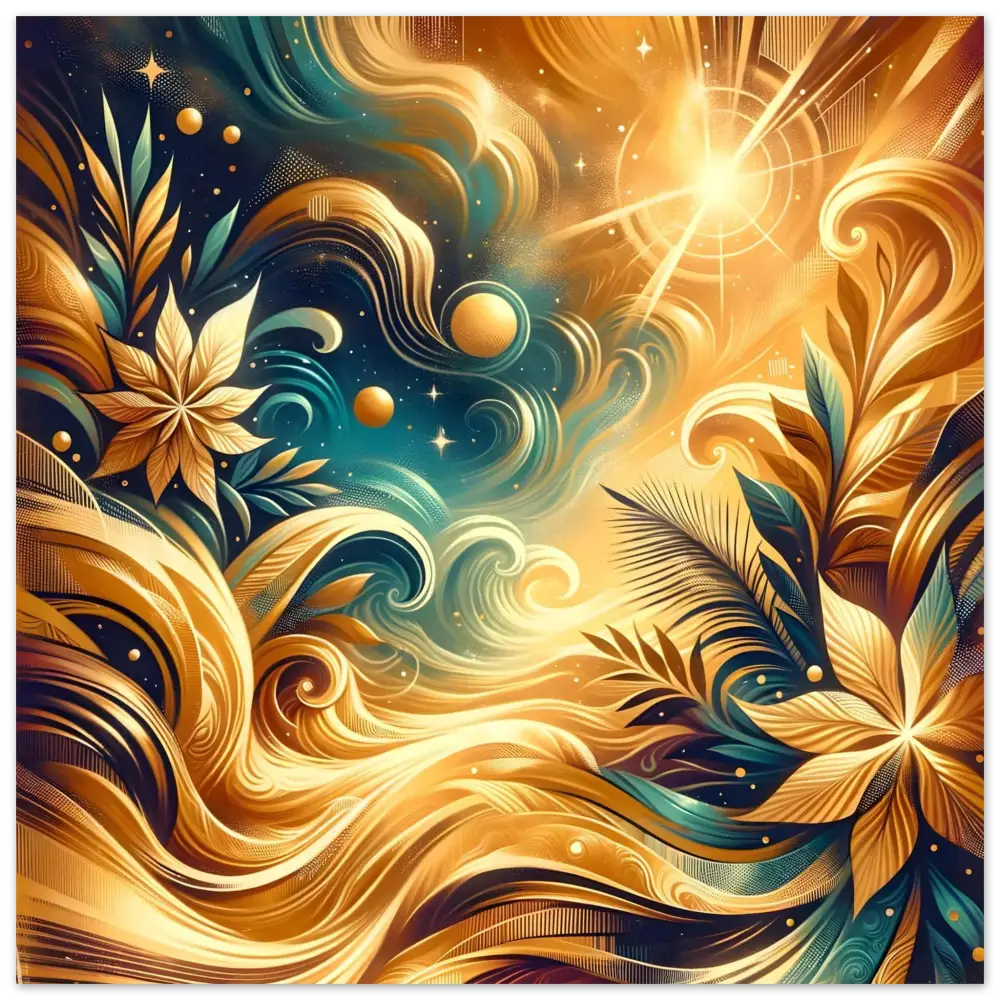 Golden floral celestial abstract on Aluminum Print Nebula Bloom Cascade by PixiOnyx