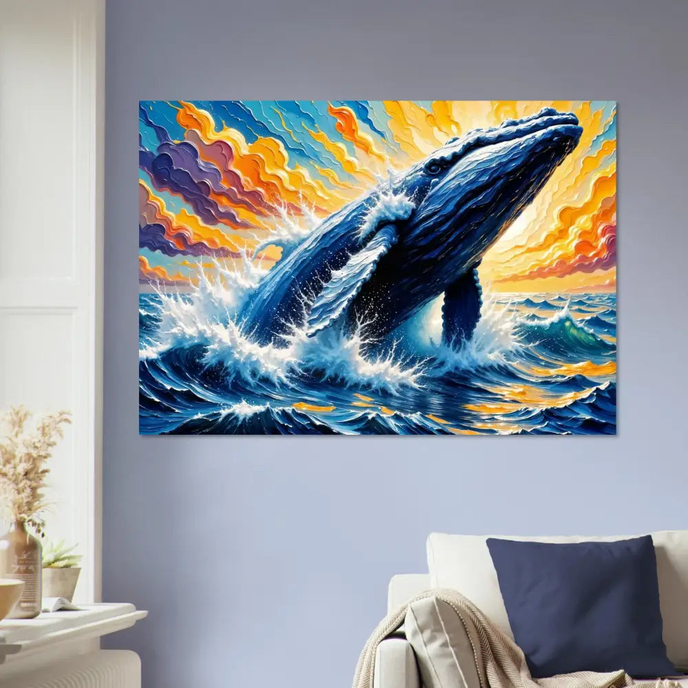 Vibrant Ocean King art print of a whale breaching on premium aluminum sheets with floating wall mount