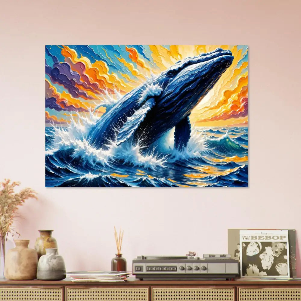 Vibrant oil painting of a blue whale breaching on Ocean King Aluminum Print with floating wall mount