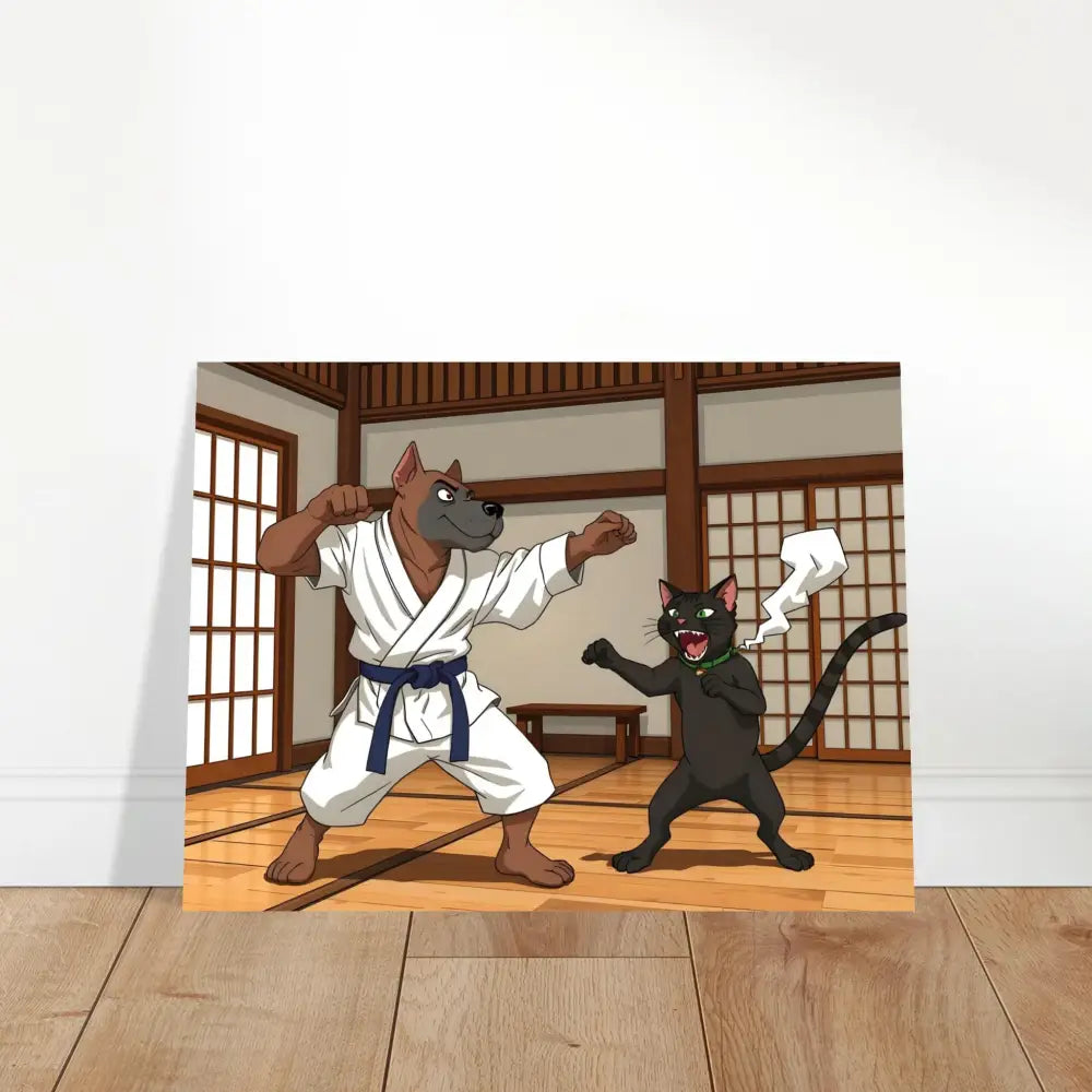 Cartoon dog and cat karate match on Aluminum Print Paws of Fury Martial Mayhem