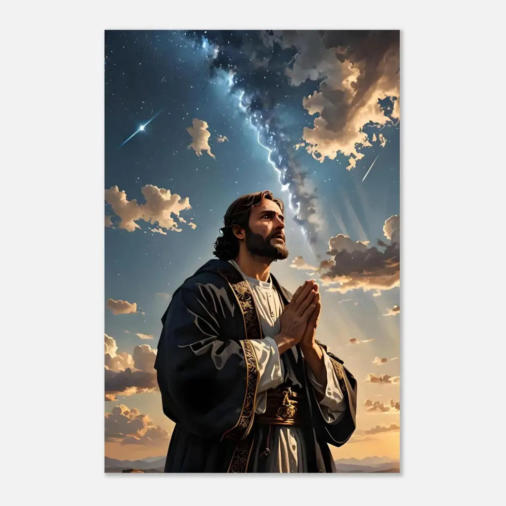 Man praying under a dramatic sky Aluminum Print Prayer to the Cosmos PixiOnyx