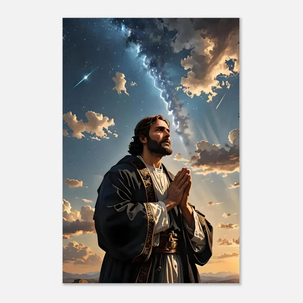 Aluminum print of a man praying under a celestial sky for PixiOnyx Prayer to the Cosmos