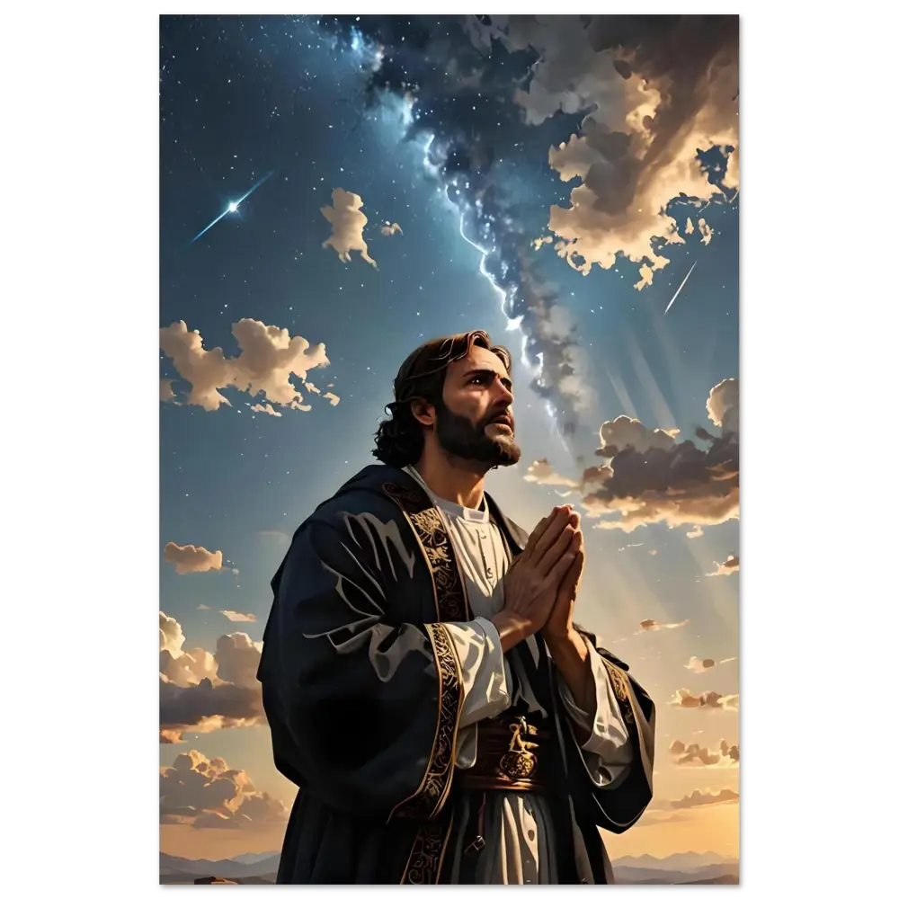 Man praying under a dramatic sky Aluminum Print Prayer to the Cosmos PixiOnyx