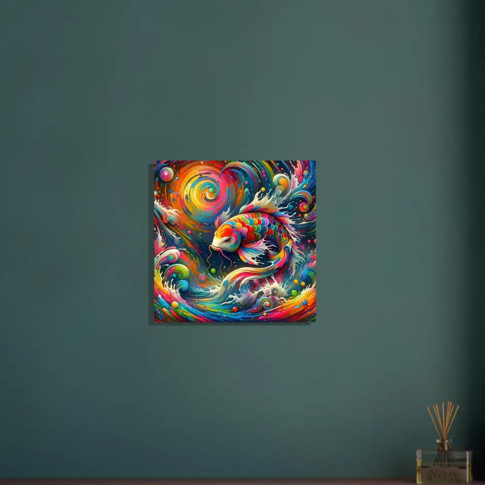 Colorful koi fish art on Aluminum Print Rainbow Koi displayed in Psychedelic Nature design