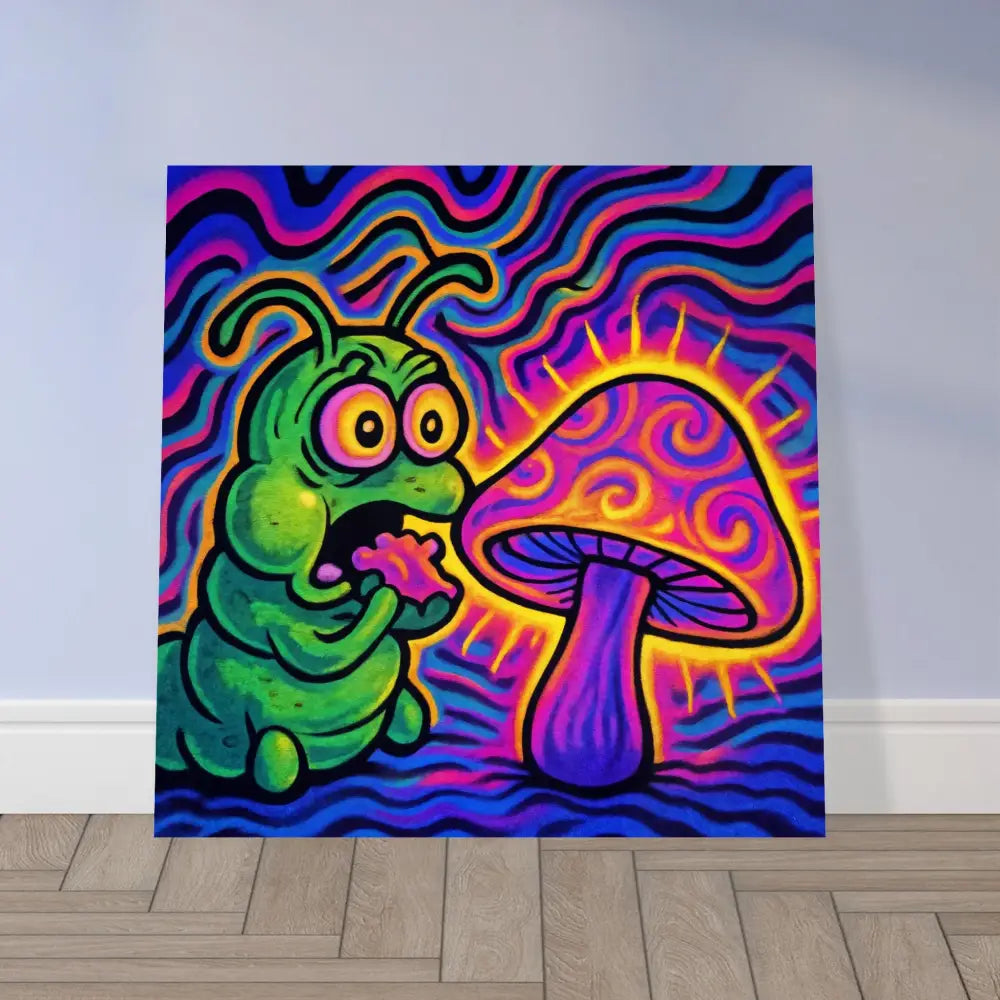 Psychedelic caterpillar and mushroom surreal artwork on Aluminum Print Shroomapillar Snack Attack PixiOnyx