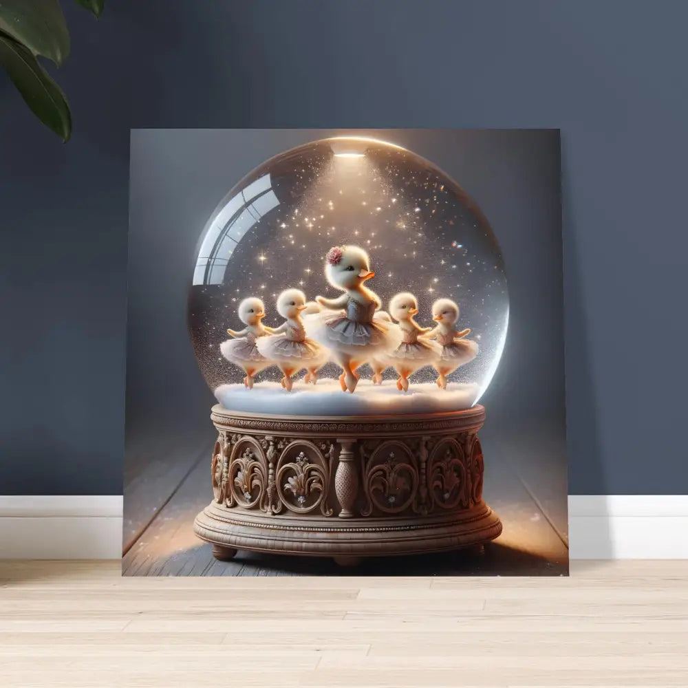 Duckling ballerina snow globe aluminum print for whimsical winter decor by PixiOnyx