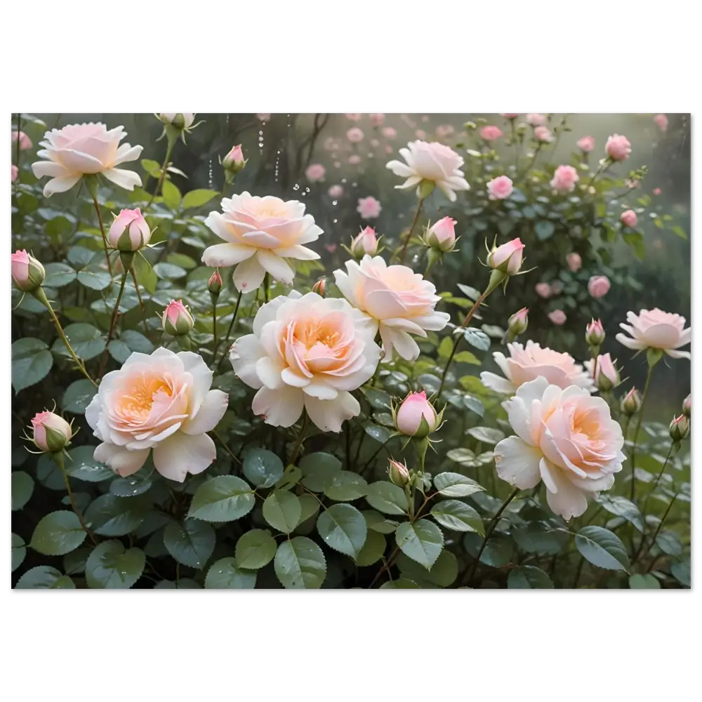 Pale pink roses with green foliage on Aluminum Print Soft Petal Symphony PixiOnyx Botanical Dreamscape