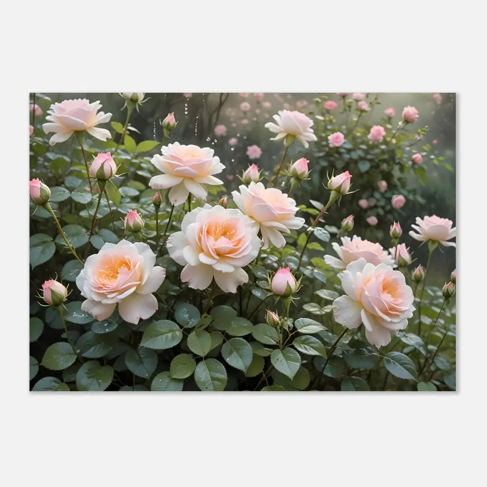 Pale pink roses with green foliage on Aluminum Print Soft Petal Symphony PixiOnyx Botanical Dreamscape