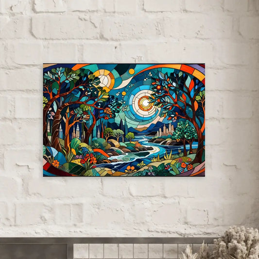 Colorful stained-glass landscape artwork on Aluminum Print Stained Horizon PixiOnyx