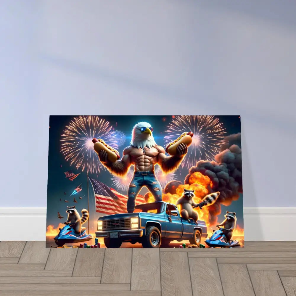 Humorous patriotic artwork on Aluminum Print Stars Stripes Flaming Hot Dogs PixiOnyx Metallic Series
