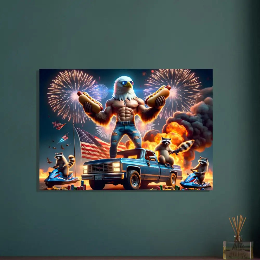 Patriotic eagle and raccoon celebration on Aluminum Print in PixiOnyx Metallic Series