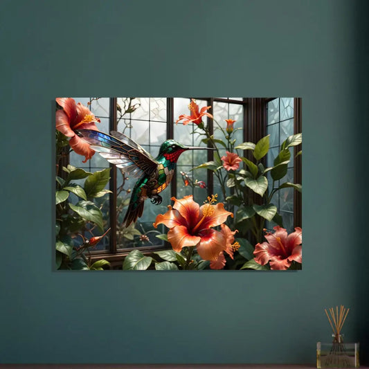 Hummingbird and hibiscus floral art on Aluminum Print Steampunk Hummingbird Nature Panel