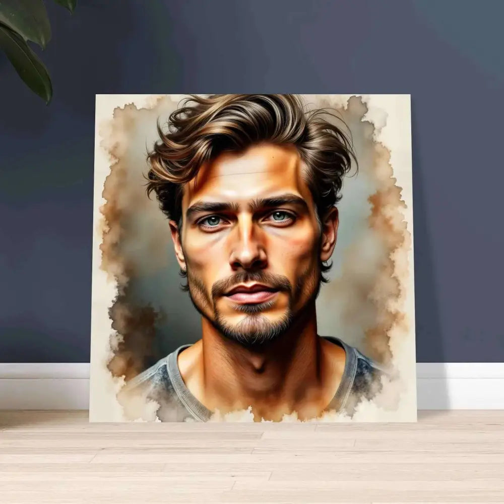 Watercolor-style portrait of a man on canvas from Stormworn Resolve Aluminum Print by PixiOnyx Luminous Edge Series