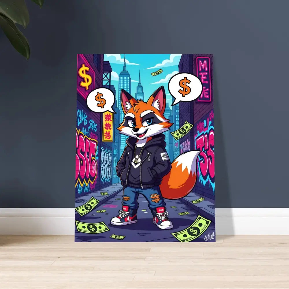 Cartoon fox in urban setting on PixiOnyx Metal Vibes Aluminum Print