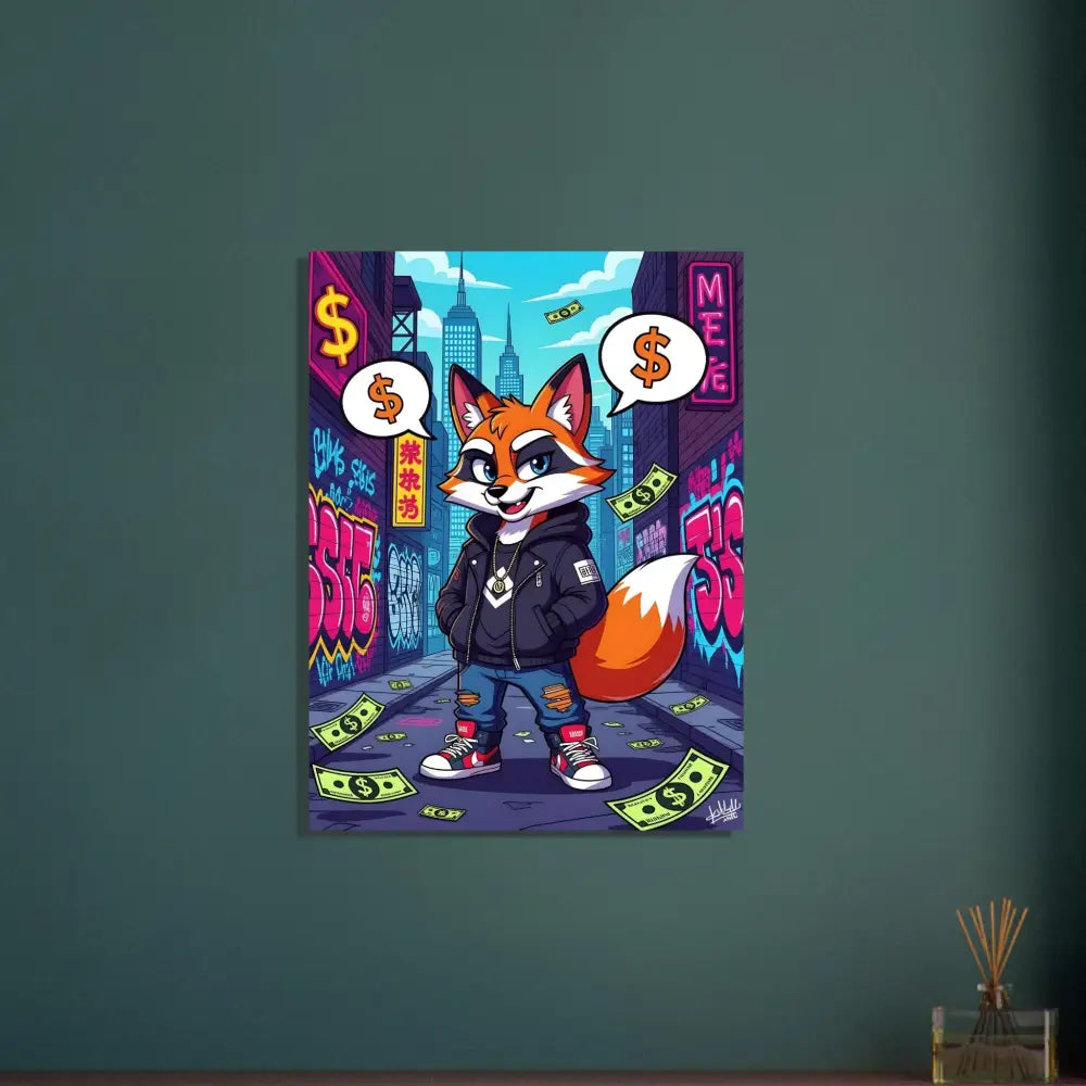 Cartoon fox street art on Aluminum Print Street Hustle Fox PixiOnyx Metal Vibes
