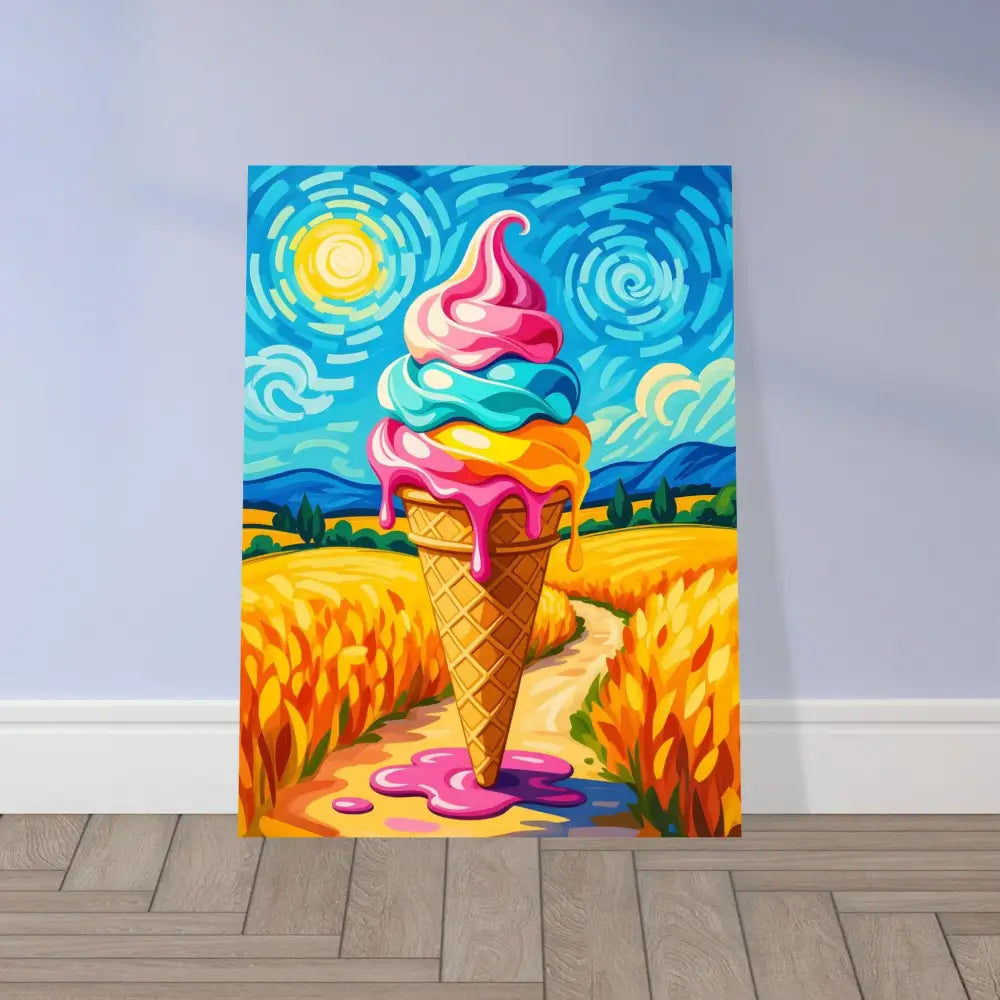 Colorful ice cream cone painting on aluminum print titled Sunlit Swirl of Pastoral Chaos