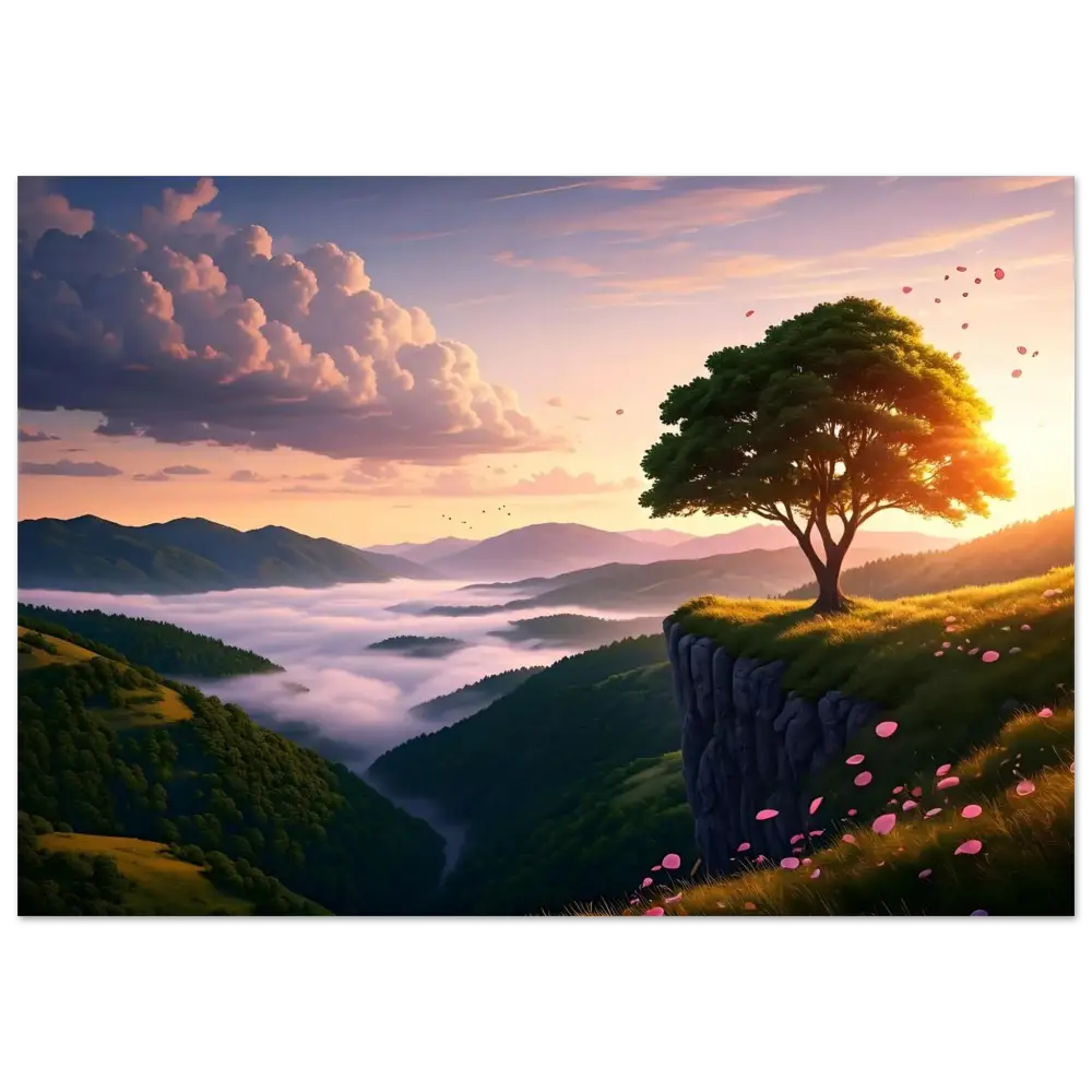 Scenic cliffside tree at sunset on Aluminum Print The Edge of Dawn PixiOnyx Radiant Metal Panel