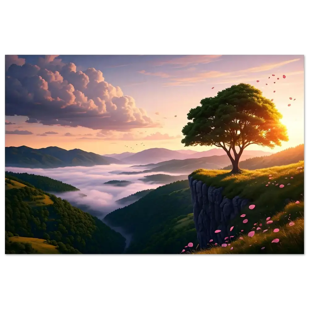 Scenic mountain landscape with a solitary tree on PixiOnyx Radiant Metal Panel