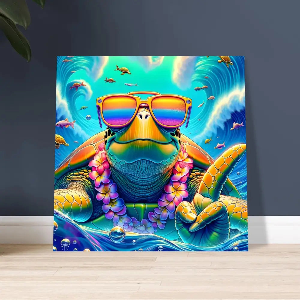 Colorful turtle art with sunglasses and lei on PixiOnyx Glosscore Metal Art aluminum print