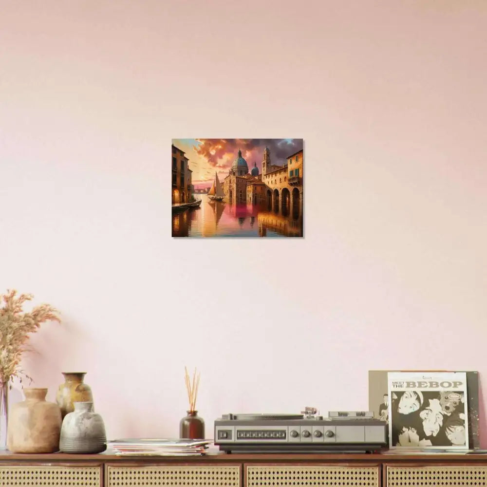 Venetian Reverie aluminum print capturing light in a vibrant European canal city sunset scene