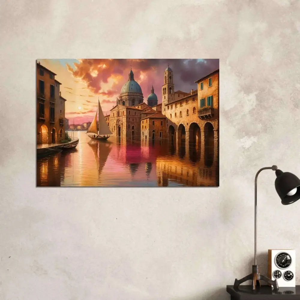 Venetian Reverie aluminum print capturing light, shimmer meets stillness at sunset