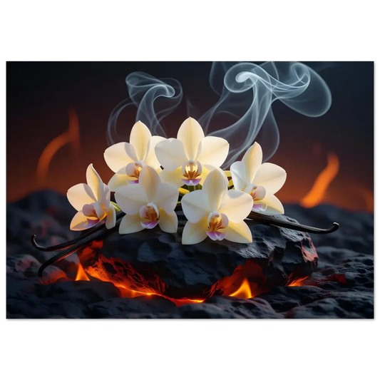 Delicate white orchids with vanilla beans on Aluminum Print Volcanic Vanilla PixiOnyx Firebloom