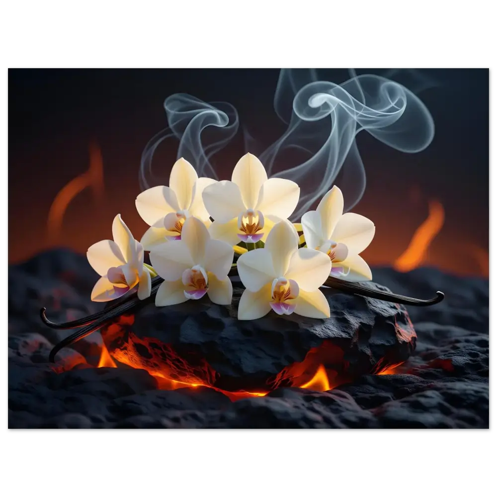 Vanilla orchids with smoke on Aluminum Print Volcanic Vanilla PixiOnyx Firebloom Metal Display