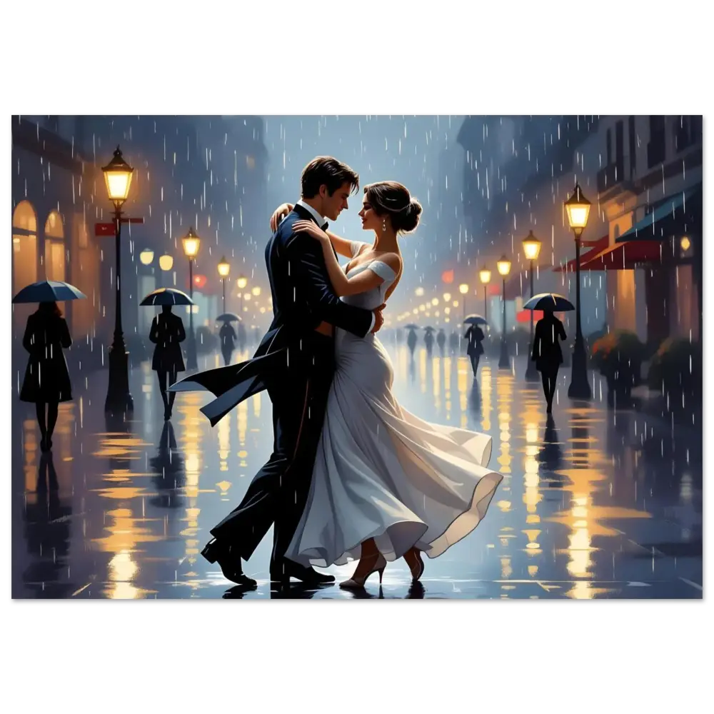 Romantic couple dancing in the rain captured in Aluminum Print Waltz in the Rain PixiOnyx