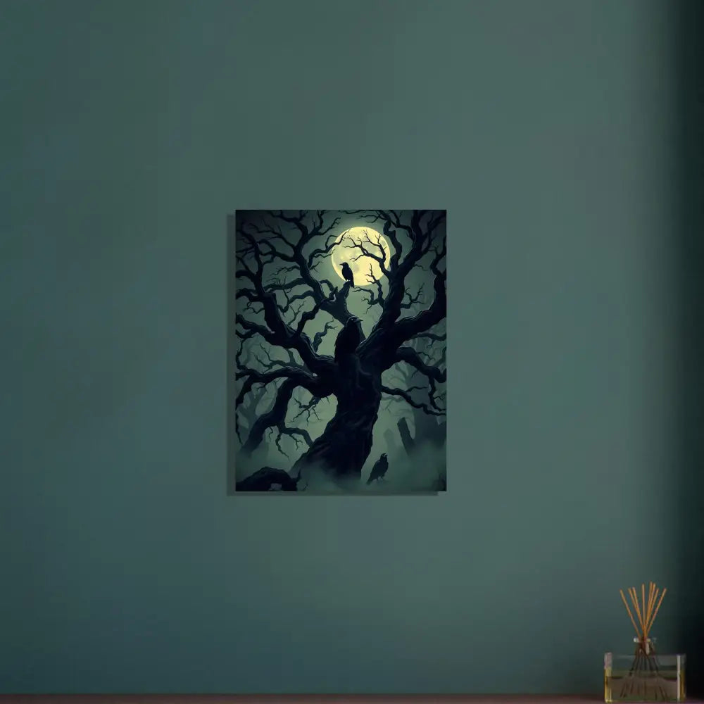 Aluminum Print Watcher of the Crooked Moon spooky tree with crows under full moon PixiOnyx