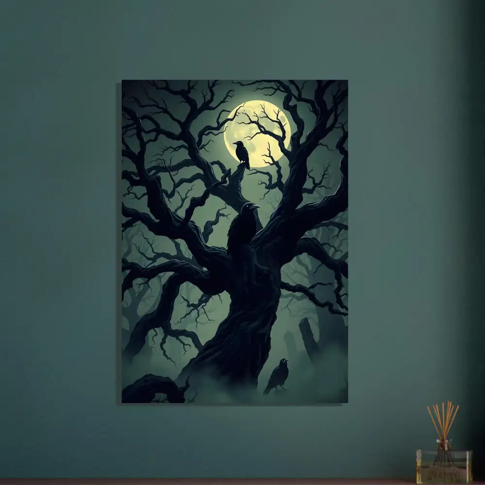 Spooky tree with ravens under a full moon on Aluminum Print Watcher of the Crooked Moon PixiOnyx Hollow Shine Series