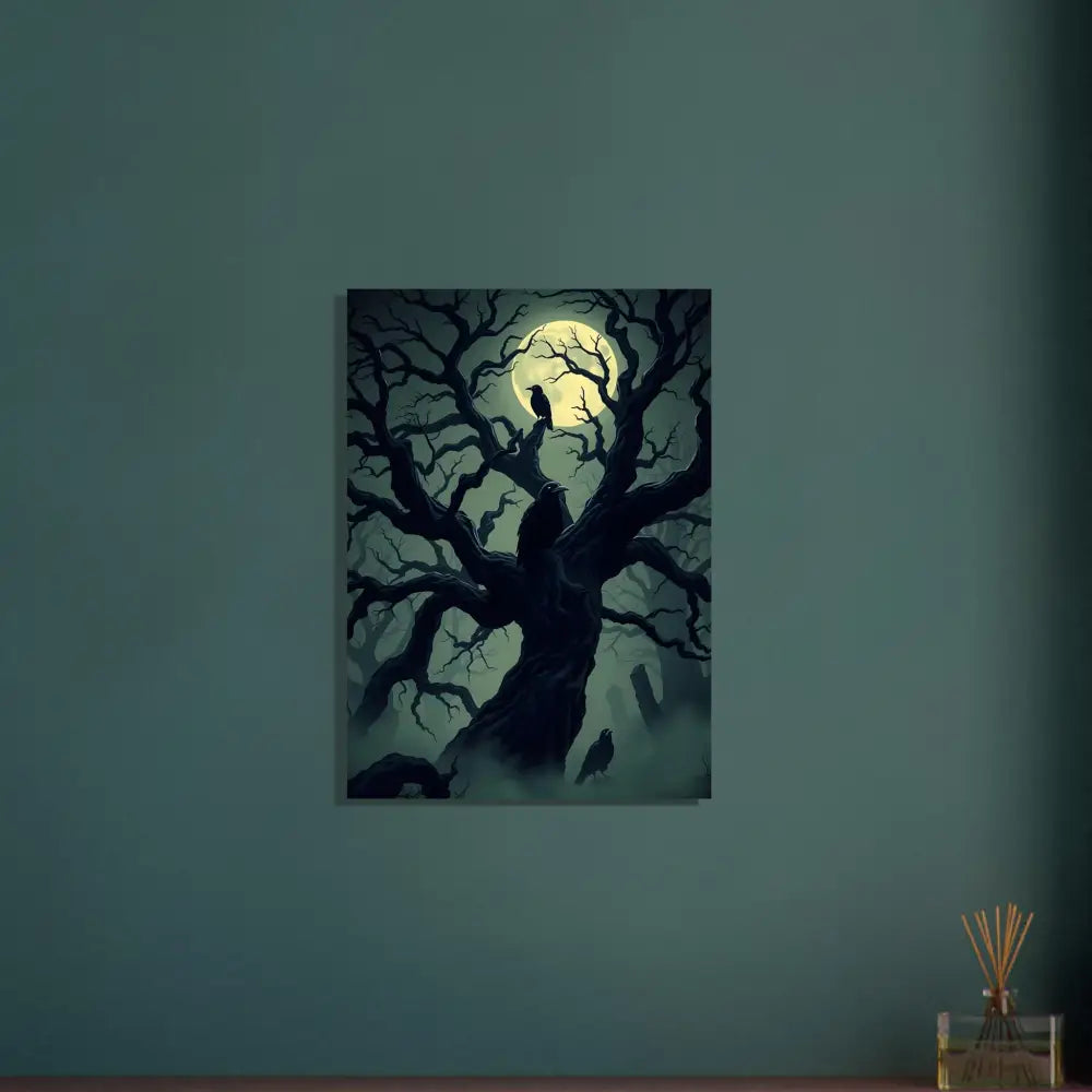 Spooky tree with crows under a full moon aluminum print Watcher of the Crooked Moon PixiOnyx Hollow Shine Series