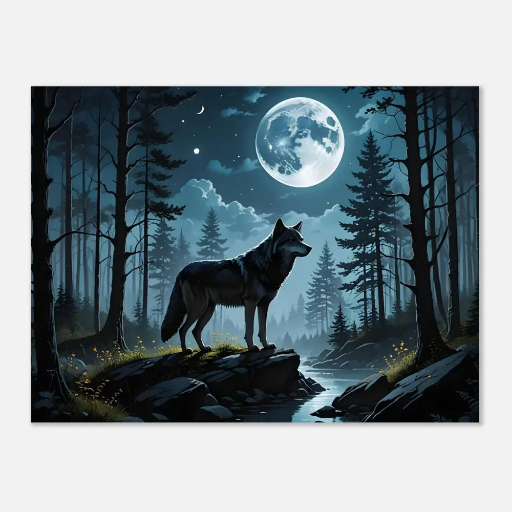 Aluminum print of a wolf under moonlight showcasing a lunar dreamscape scene