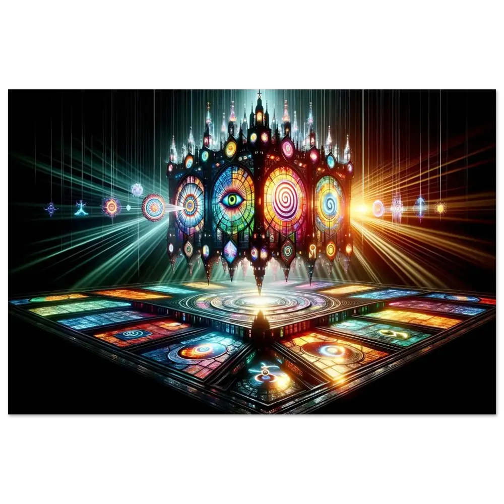 Colorful stained-glass cathedral structure in Aluminum Shrine Print Cathedral of the Mind’s Eye