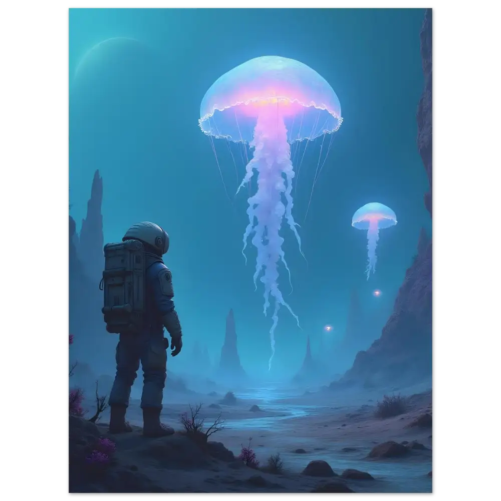 Astronaut observing glowing bioluminescent jellyfish on Aluminum Wall Art Deep Drift Encounter