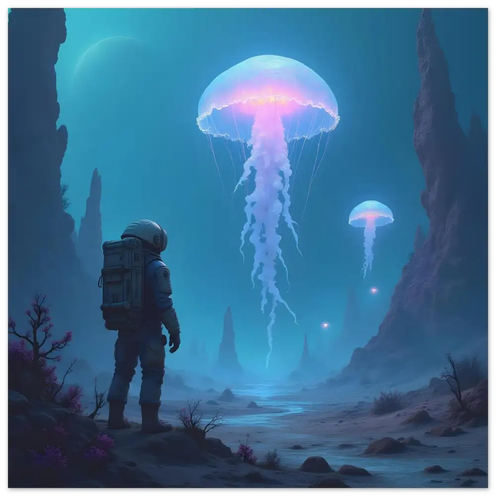 Astronaut observing glowing jellyfish on Aluminum Wall Art Deep Drift Encounter PixiOnyx