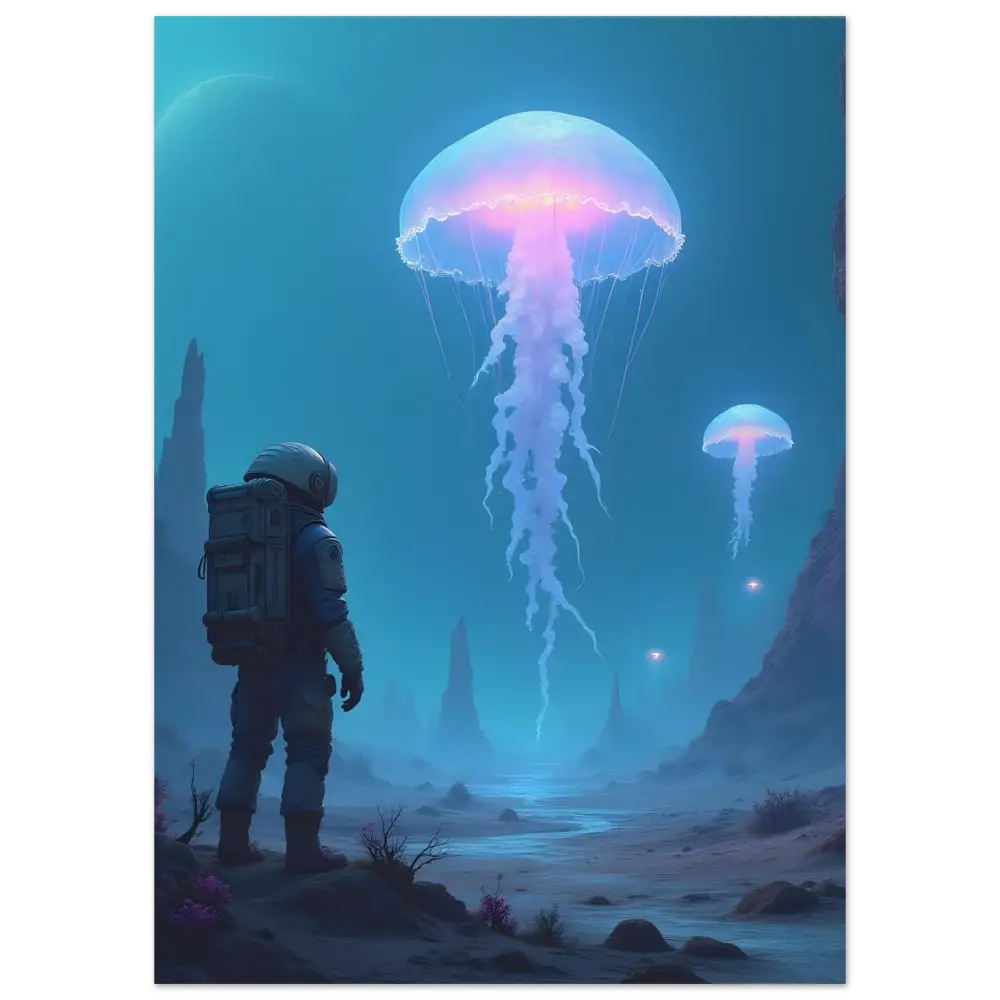 Astronaut observing bioluminescent jellyfish on PixiOnyx Sci-Fi Jellyfish Panel aluminum wall art