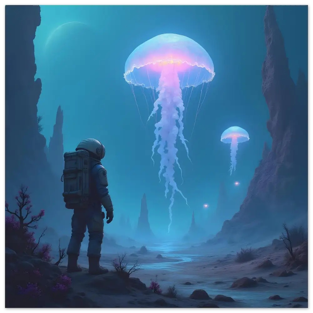 Astronaut observing glowing jellyfish on Aluminum Wall Art Deep Drift Encounter PixiOnyx
