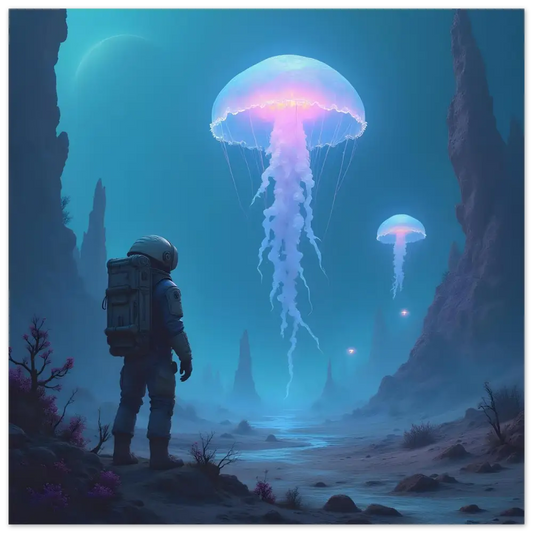 Astronaut gazing at bioluminescent jellyfish displayed on Aluminum Wall Art Deep Drift Encounter